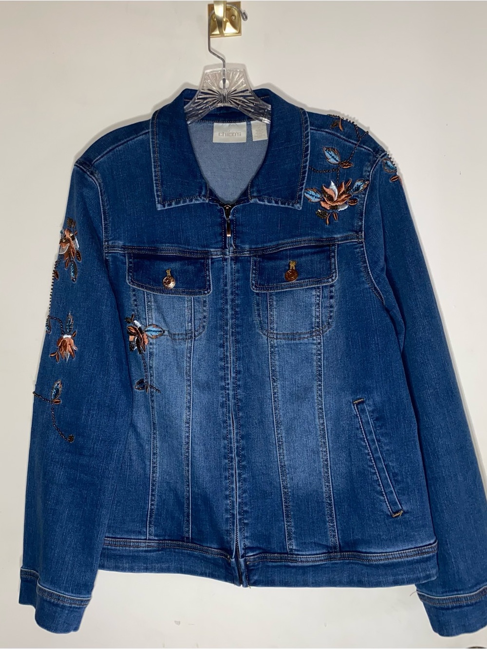 Chico's Embroidered Beaded Denim Jacket Women's Sz LG Bronze Floral Art To Wear